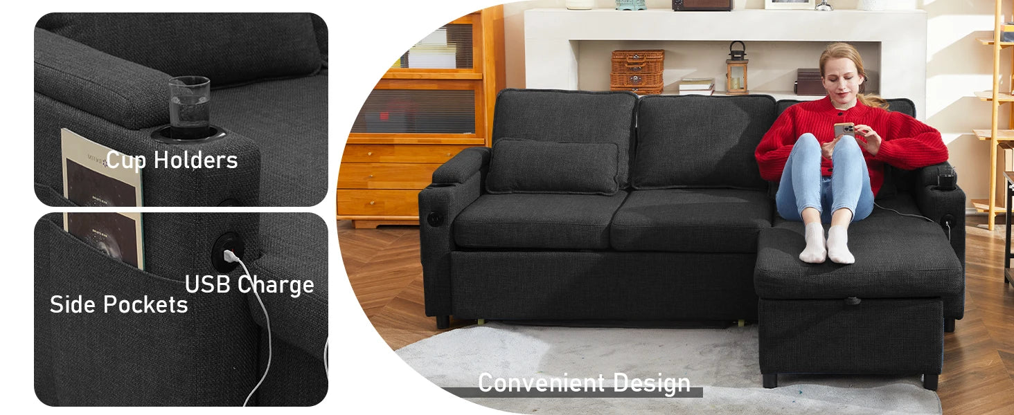 Sofa Bed Sleeper Pull Out 2 in 1 Sectional Couches with Storage,USB,Cup Holder,Pullout Sectional Couches