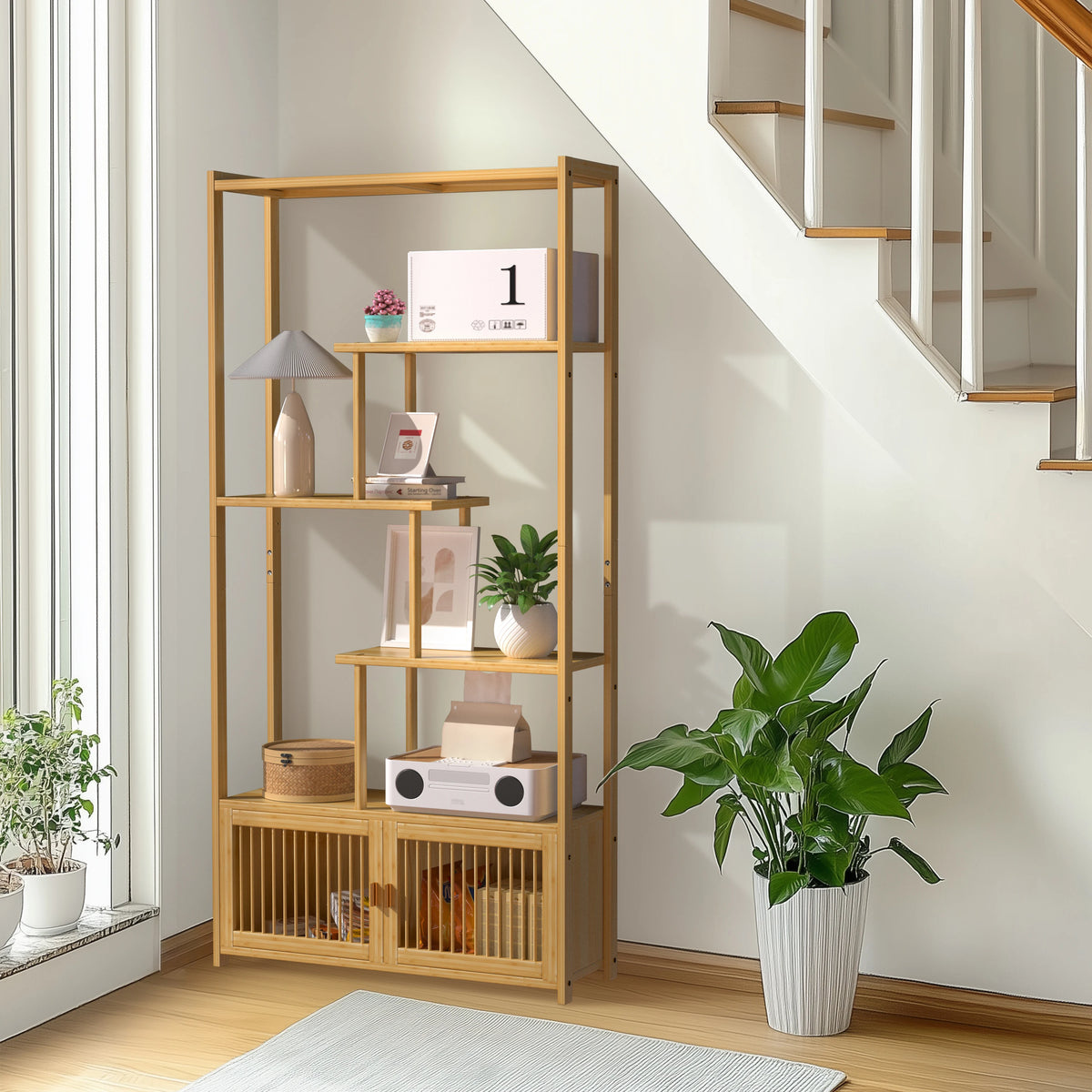 Bamboo Storage Rack Shelving Unit with High and Low Shelves Bookshelf Plant Stand for Home Organization Shelf