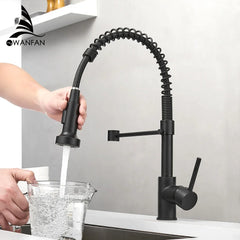 Kitchen Faucets Brush Brass Faucets for Kitchen Sink  Single Lever Pull Down Spring Spout Mixers Tap Hot Cold Water Crane 9009