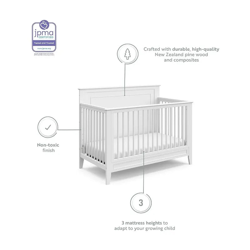 Solstice 5-In-1 Convertible Crib (White) – GREENGUARD Gold Certified, Converts to Toddler Bed and Full-Size Bed