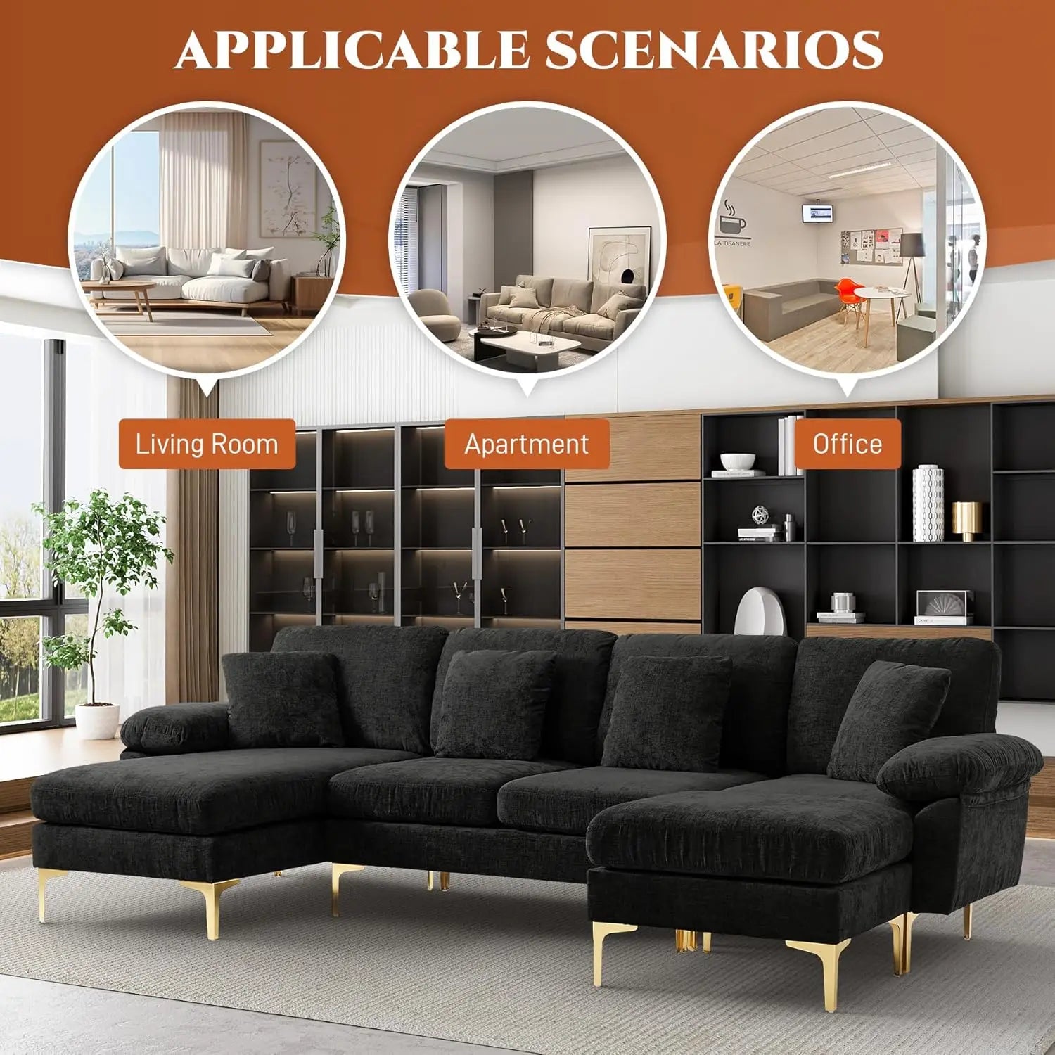 U-Shaped Sectional Sofa Couch, 4 Seat Sofa Set for Living Room, Convertible L-Shaped Velvet Couch Set with Chaise Lounge