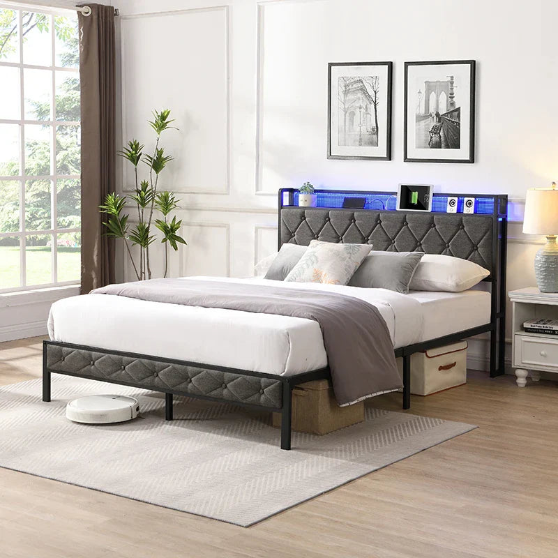 King Bed Frame with Storage Headboard, Charging Station and LED Lights, Upholstered Platform Bed with Metal Slats, Noise Free