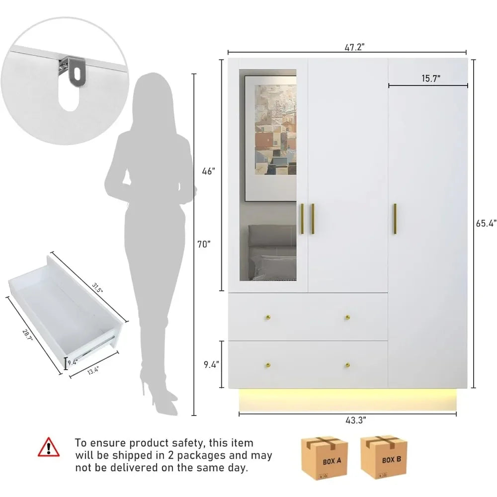 3 Door Wardrobe Closet with Mirror & LED Lights, Bedroom Armoire with Drawers & Shelves, Modern Wooden Armoire Wardr