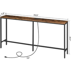 Console Table with Power Outlet, 70.9" Narrow Sofa Table, Industrial Entryway Table with USB Ports, Behind Couch Table