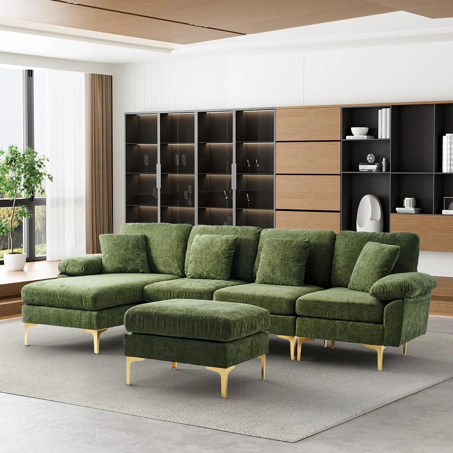 U-Shaped Sectional Sofa Couch, 4 Seat Sofa Set for Living Room, Convertible L-Shaped Velvet Couch Set with Chaise Lounge