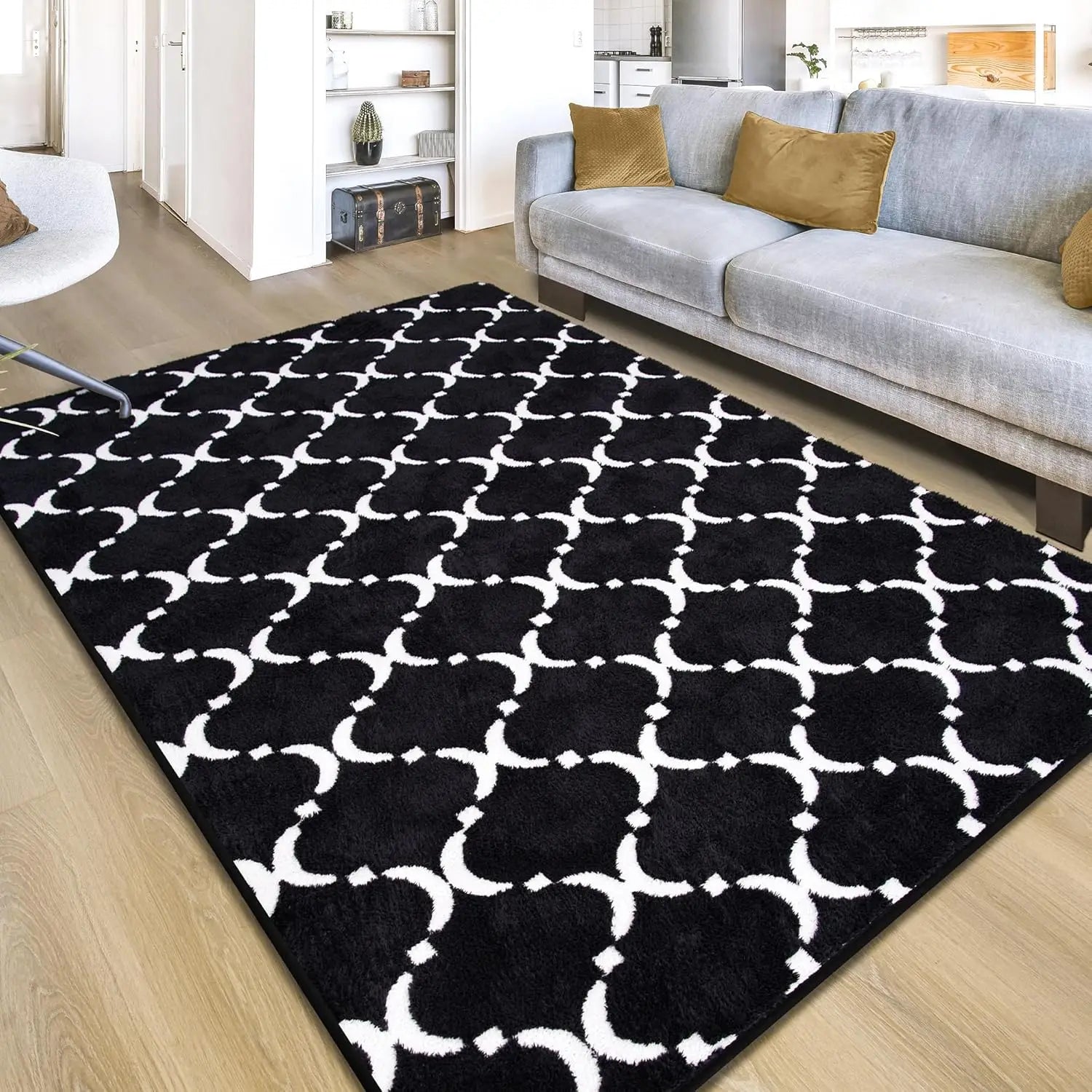 Large Shag Area Rug Memory Foam Living Room Rug 6x9 Feet, Black Plush Geometric Bedroom Rug, Indoor Carpet for Kids Room Decor