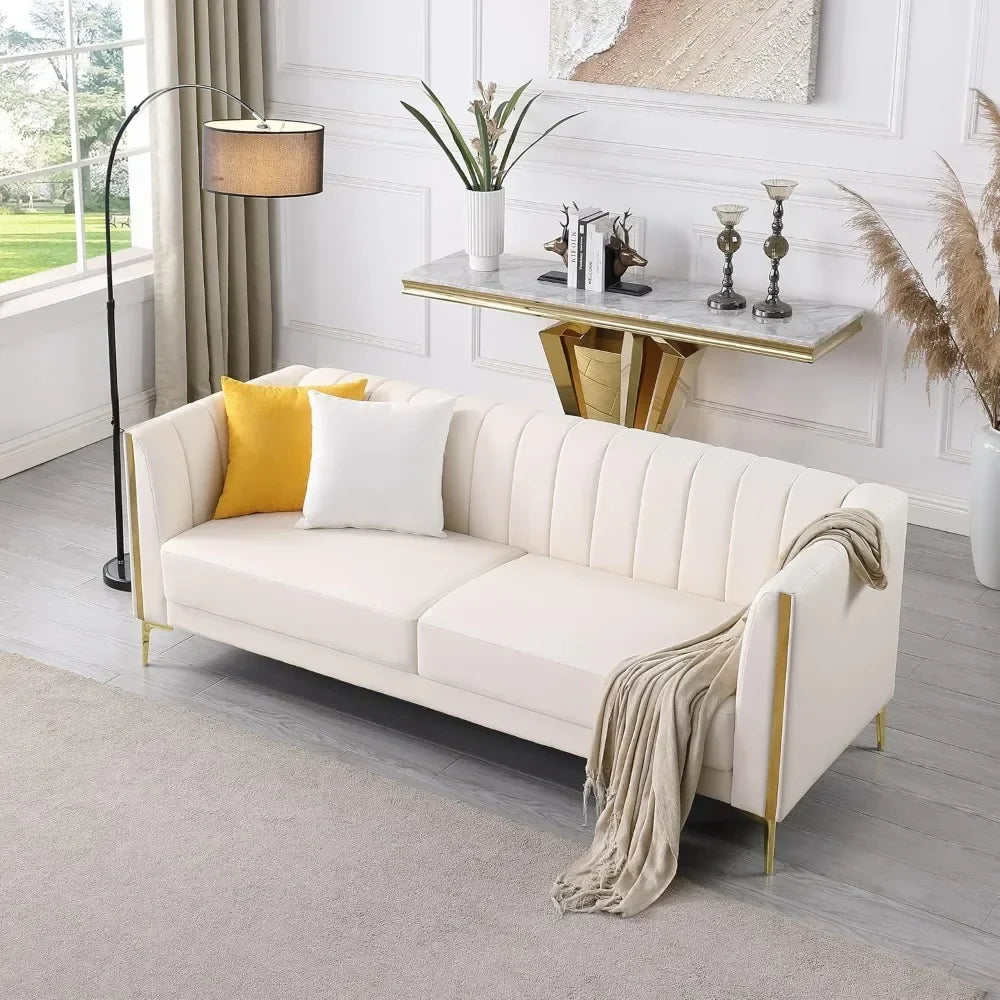 78'' Sofa, Modern White Couches for Living Room, Comfy, Faux Leather Sofa 3 Seater Sofa with 2 Throw Pillows and Gold Metal Legs