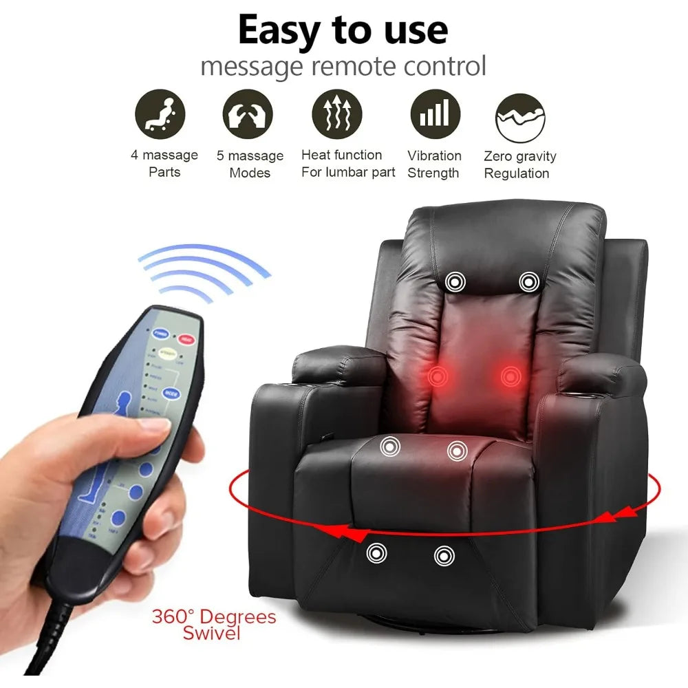 Recliner Chair, Leather Rocker with Heated Massage Ergonomic Lounge 360 Degree Swivel Single Sofa Seat Drink, Recliner Chair