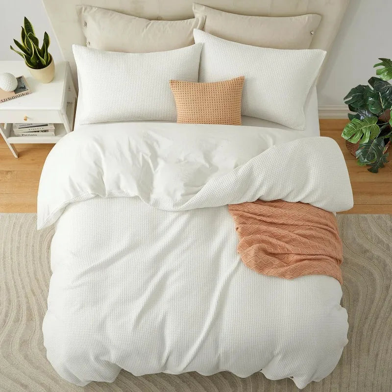 100% Cotton Waffle Weave Duvet Cover Set,Luxury Bedding Set 3 Pieces,Easy Care,Simple Style for All Season, with Buttons Closure