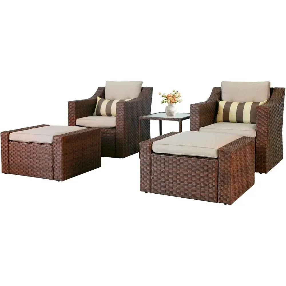 Piece Patio Conversation Set Outdoor Furniture Set, Brown Wicker Lounge Chair with Ottoman Footrest, W/Coffee Table & Cushions