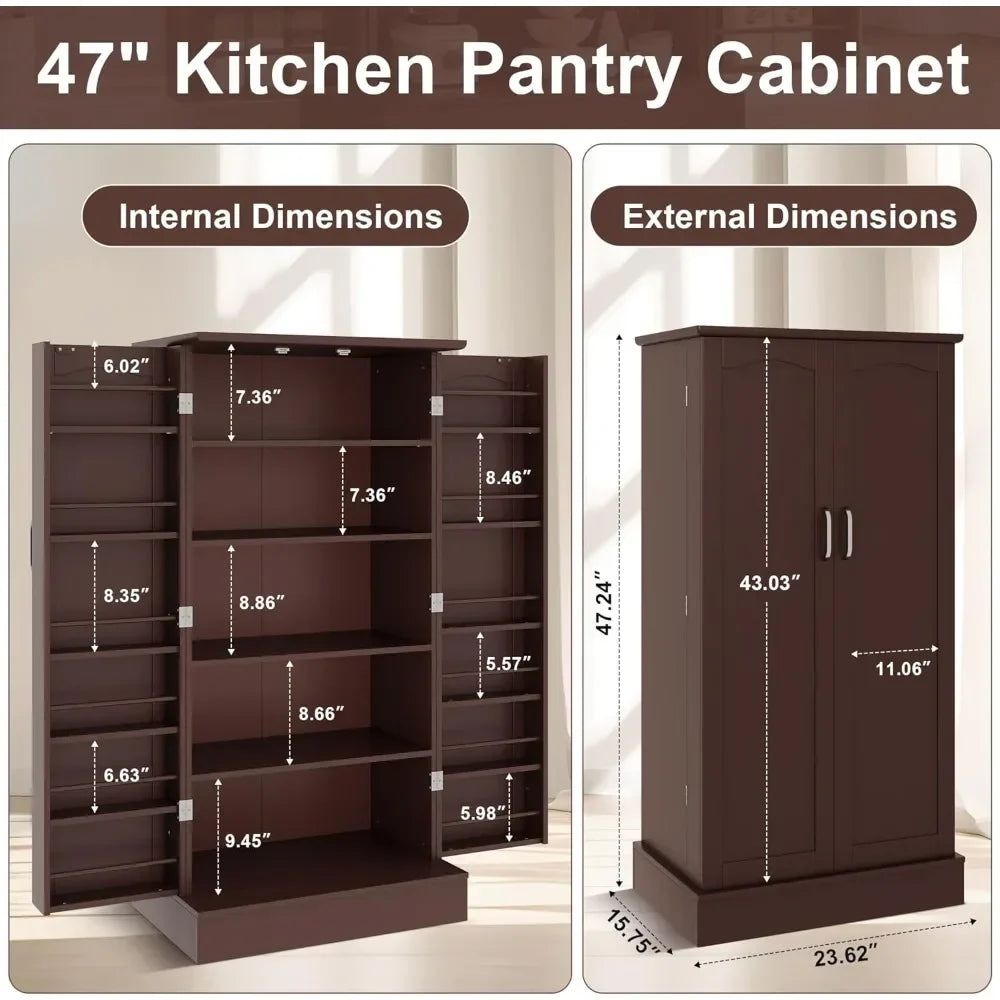 Cabinets47Pantry CabinetKitchen Pantry Storage Cabinet with Doors&Adjustable ShelvesBrown FreestandingBuffet Cupboards Sideboard