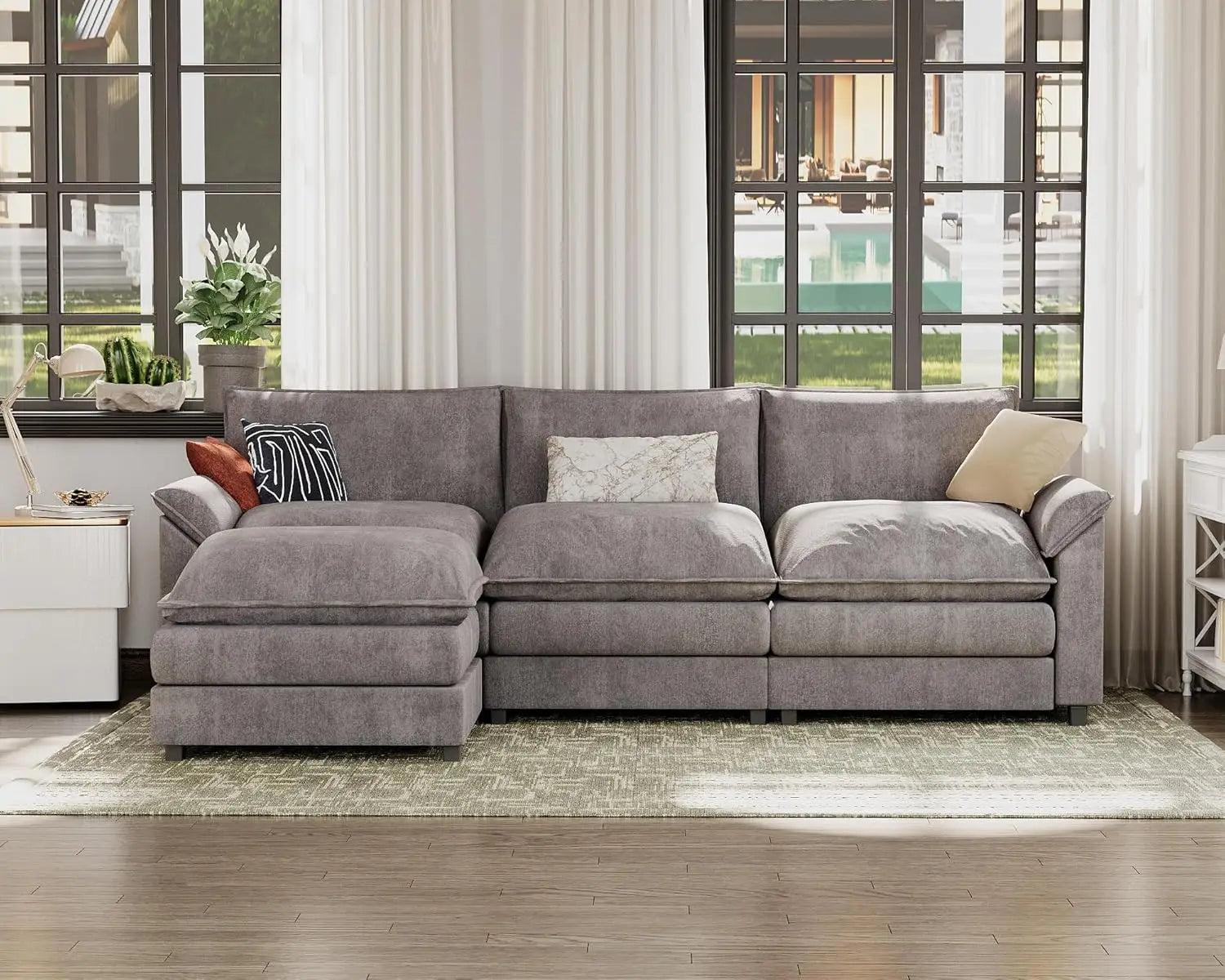 119” Modular Sectional Sofa Couch, Modern Wide Arm L Shaped Couch with Deep Seat and Reversible Ottoman