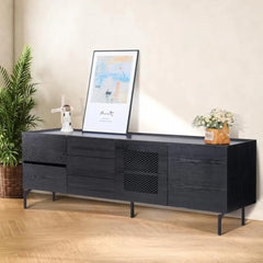 63” Minimalist TV Stand, Full-Assembled Black TV Console, Modern Solid Wood Media Console