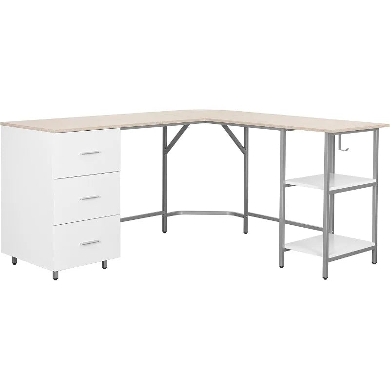 L Shaped Desk - Two-Toned Computer Desk with Drawers & Storage Shelves - Simple Modern Furniture & Home Office Space Corner Tabl