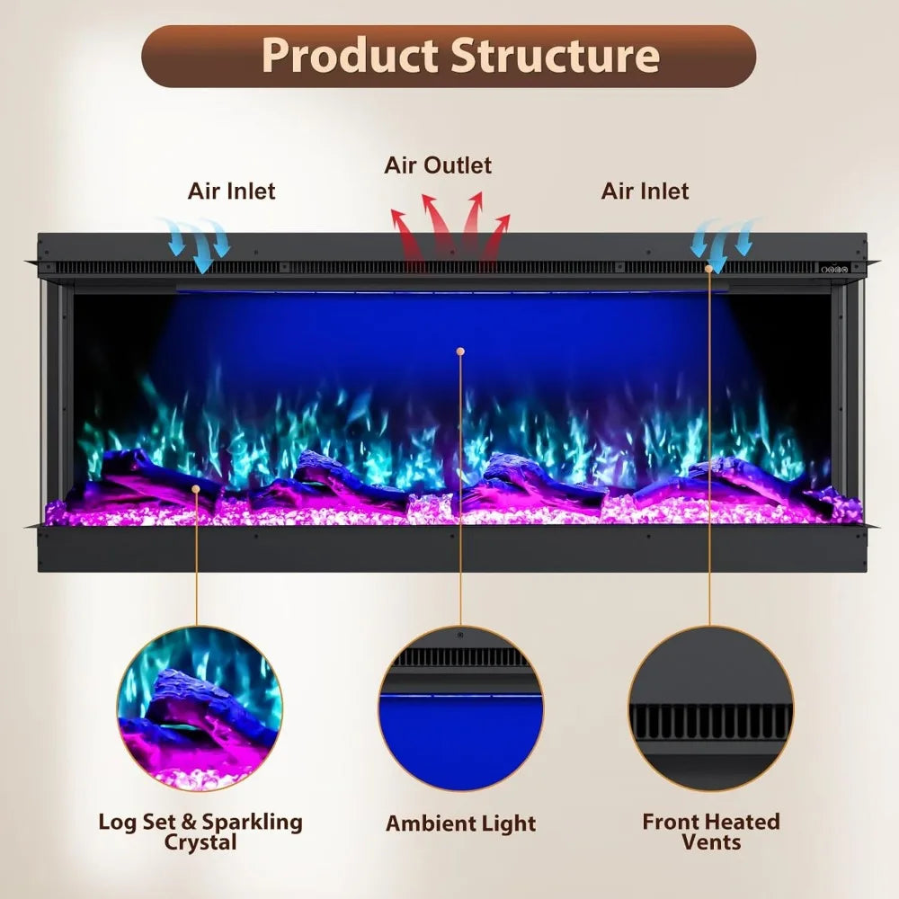 3 Sided Electric Fireplace, 60 inch Smart WiFi Fireplace Inserts,Mounted Eletric Fire Place Heater with 251 RGB LED Flame Colors