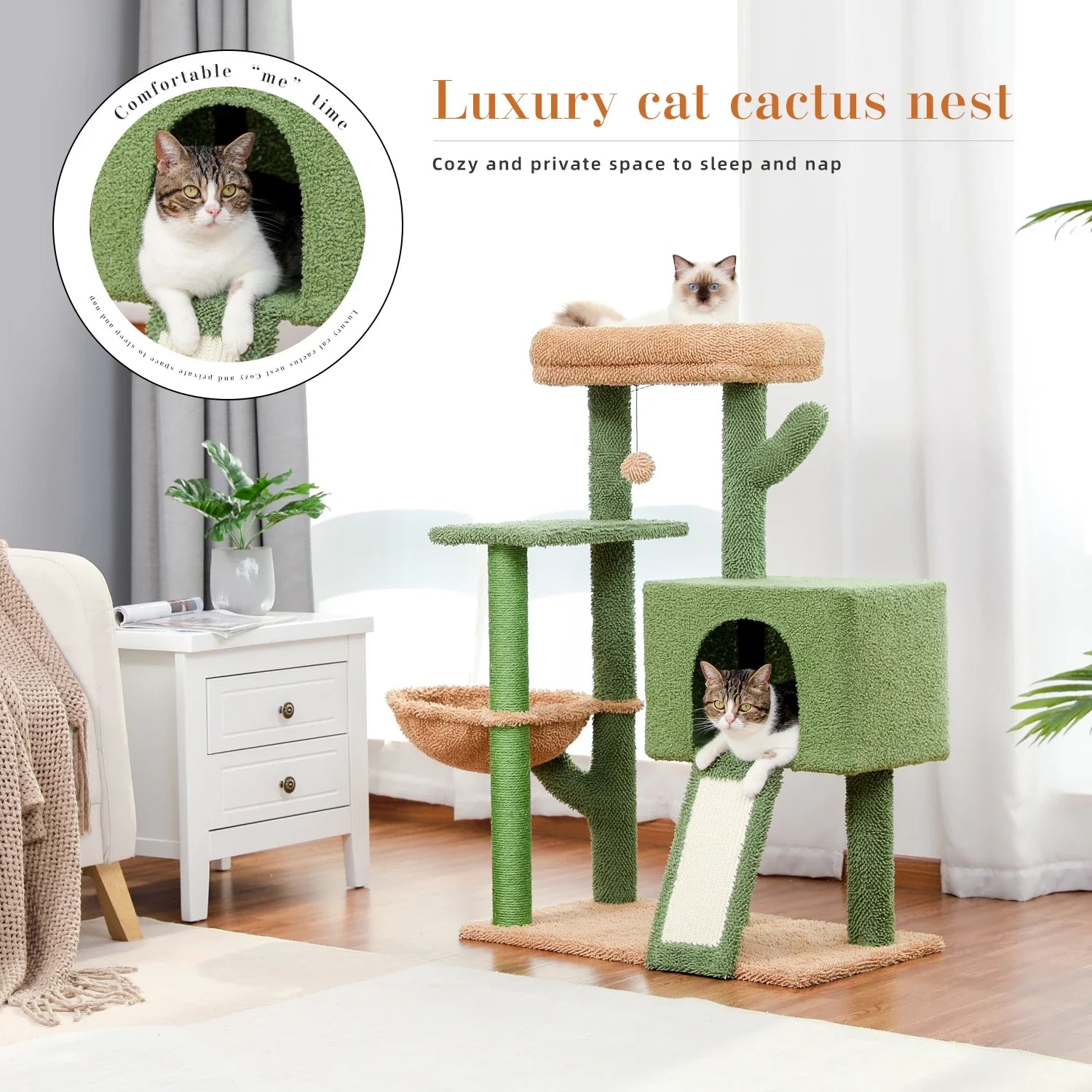 41''&36'' Cactus Cat Tree Tower with Sisal Scratch Posts Cozy Condo for Indoor Cats Multi-Level Climbing Stand with Soft Hammock