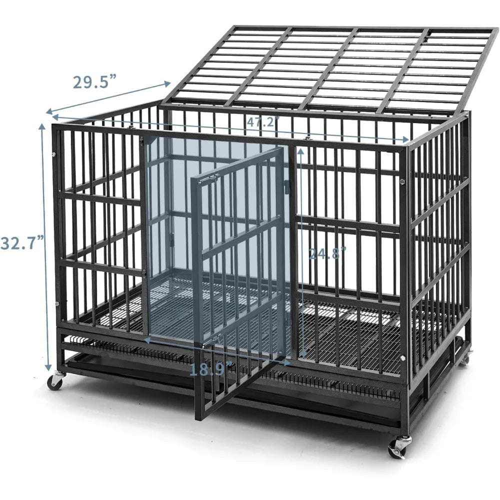 48 inch Heavy Duty Indestructible Dog Crate Steel Escape Proof, Indoor Double Door High Anxiety Cage, Kennel with Wheels