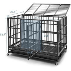 48 inch Heavy Duty Indestructible Dog Crate Steel Escape Proof, Indoor Double Door High Anxiety Cage, Kennel with Wheels