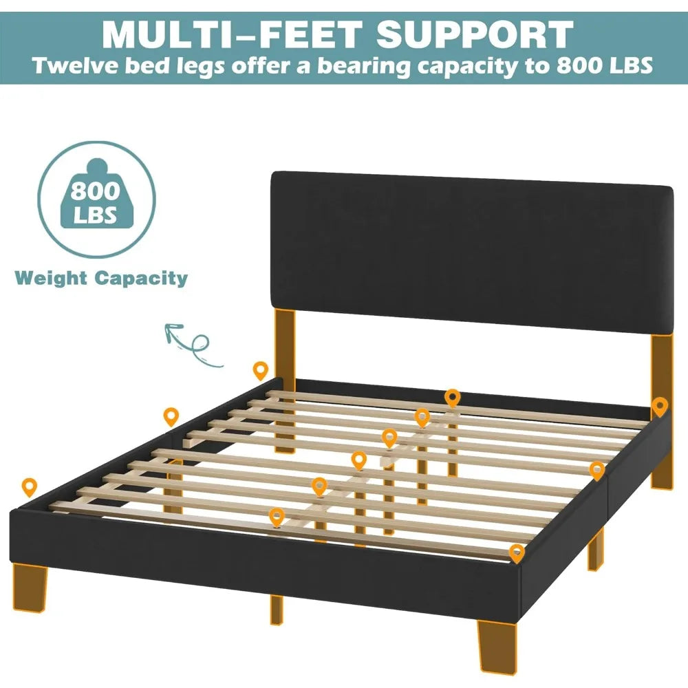 Bed Frame with Headboard,Linen Upholstered Bed Frame with Wood Slats Support,No Box Spring Needed,Heavy Duty Feet