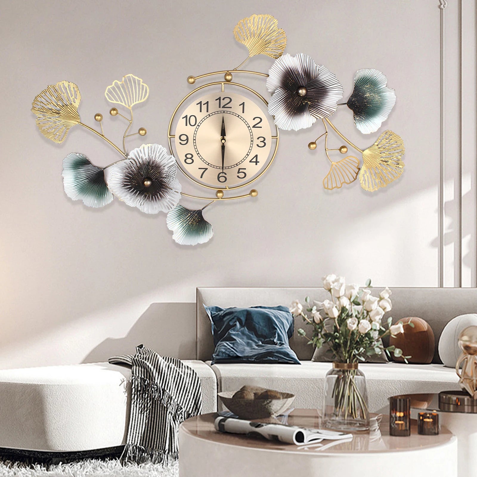 Light Luxury Atmosphere Ginkgo Leaf Wall Clock Mute DIY Large Wall Clock Modern Arabic Numerals Metal Material Home Office Decor