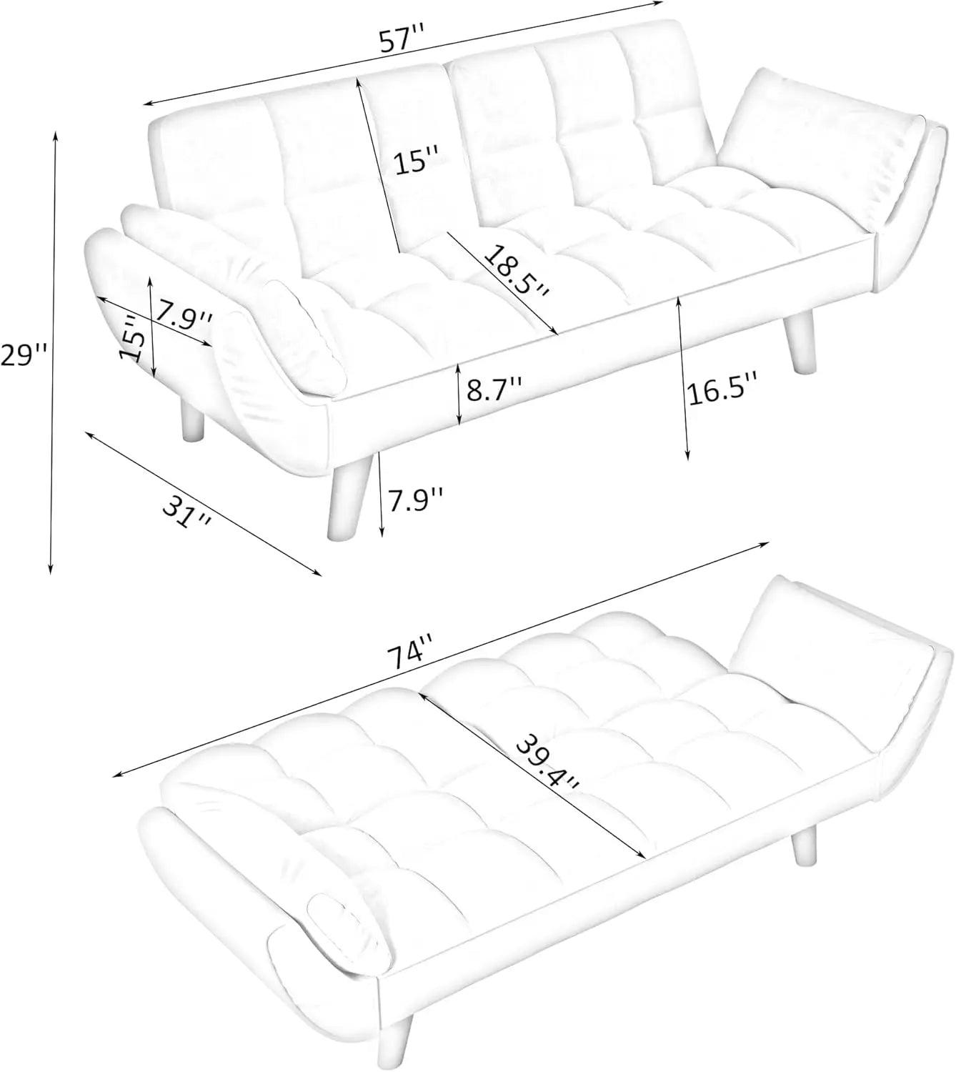 57" Futon Sofa Bed-Full Size Love Seat Couches with Adjustable Backrests, Small Loveseat Sleeper for Small Spaces