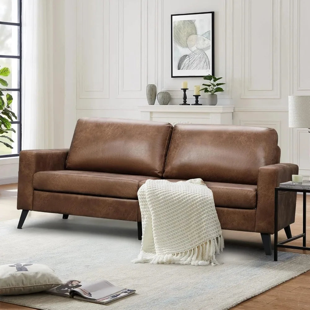 79 Inch Couch for Living Room, Small Couches, Faux Leather Mid Century Modern Sofas, Brown Comfy Love Seat for Bedroom