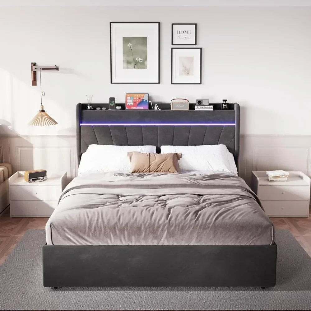 Queen Bed Frame with Headboard, Bed Frame with Type C & USB Charging Port,  Lift Up Storage Bed Frame with Led Lights