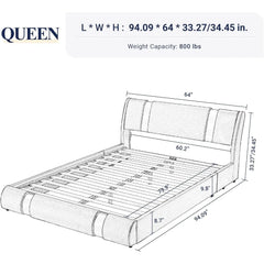 Queen Bed Frame with Iron Piece Decor, Faux Leather Upholstered Platform Bed with Adjustable Headboard & Strong Wooden Slats