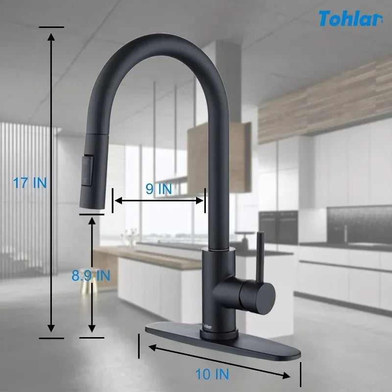 Tohlar Black Kitchen Faucets with Pull-Down Sprayer Single Handle Kitchen Faucet, Modern Stainless Steel Kitchen Sink