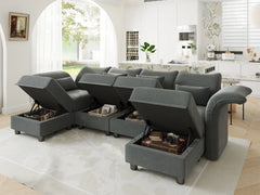 Velvet Modular Sectional Sofa,127.8" 6-Seater U Shaped Reversible Sectional Couch with Storage Chaise,High Back  Modular Grey