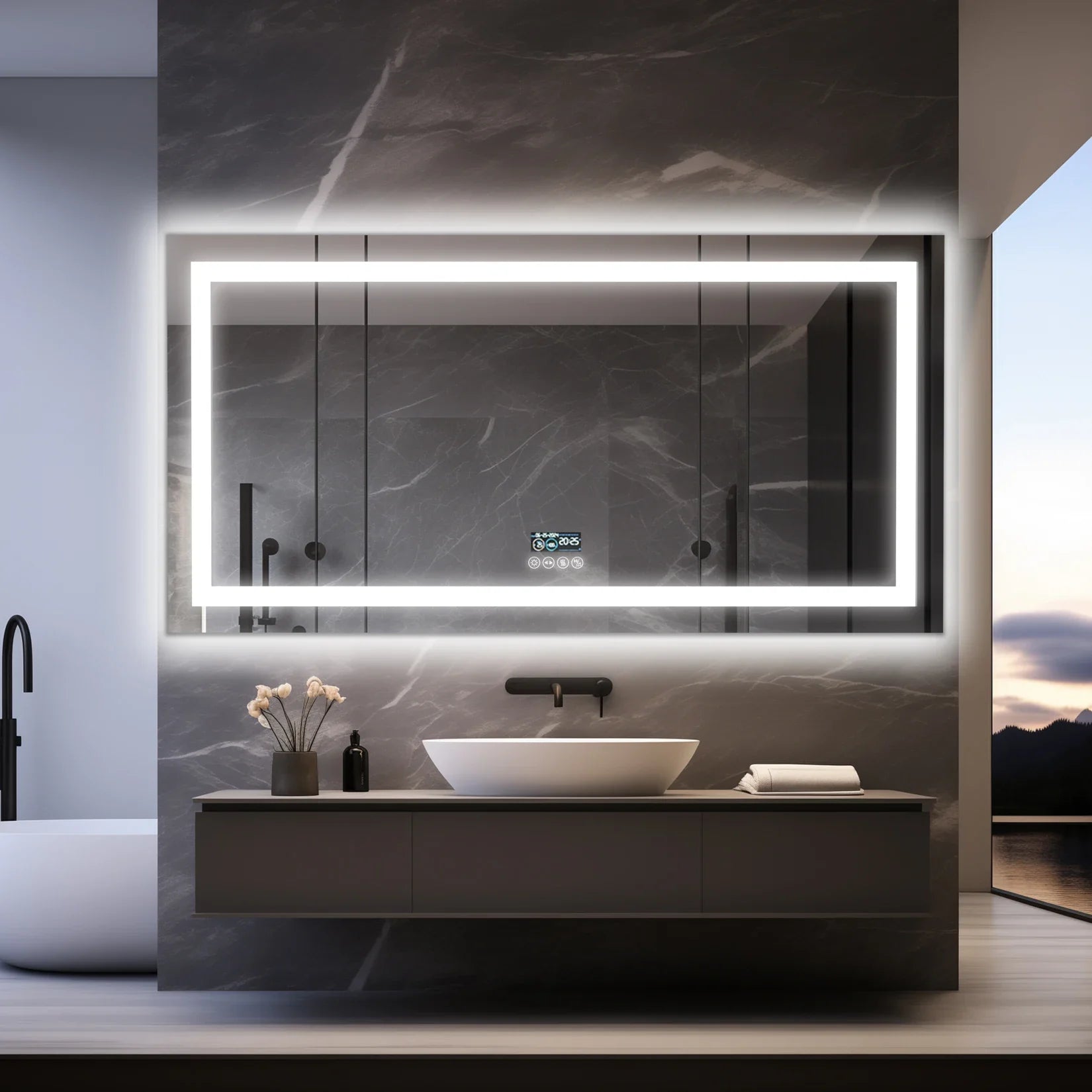 Extra Long Rectangle LED Bathroom Mirror with Bluetooth Speaker Front-lit and Backlight Vanity Mirror Smart Anti-fog