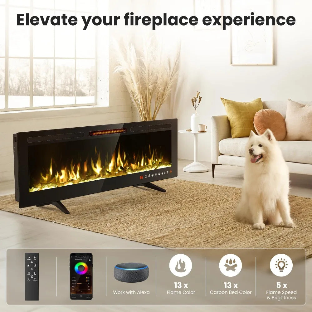 50" Slim Electric Fireplace Recessed and Wall Mounted,Wall Fireplace and Freestanding Linear Fireplace, with Remote Control