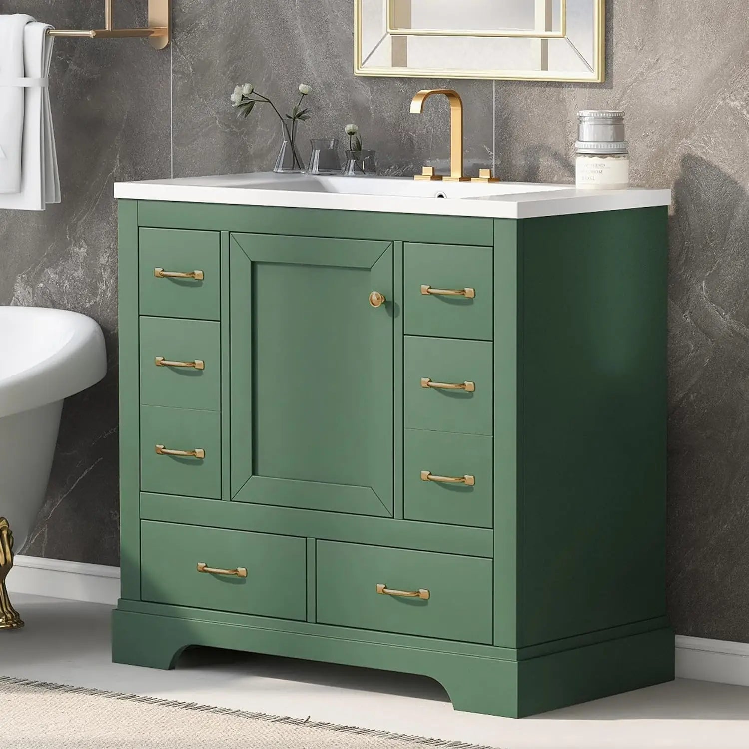 36" Bathroom Vanity with Sink ,6 Drawers & One Cabinet with Adjustable Shelf, Bathroom Cabinet with Ceramic Basin for Bathroom