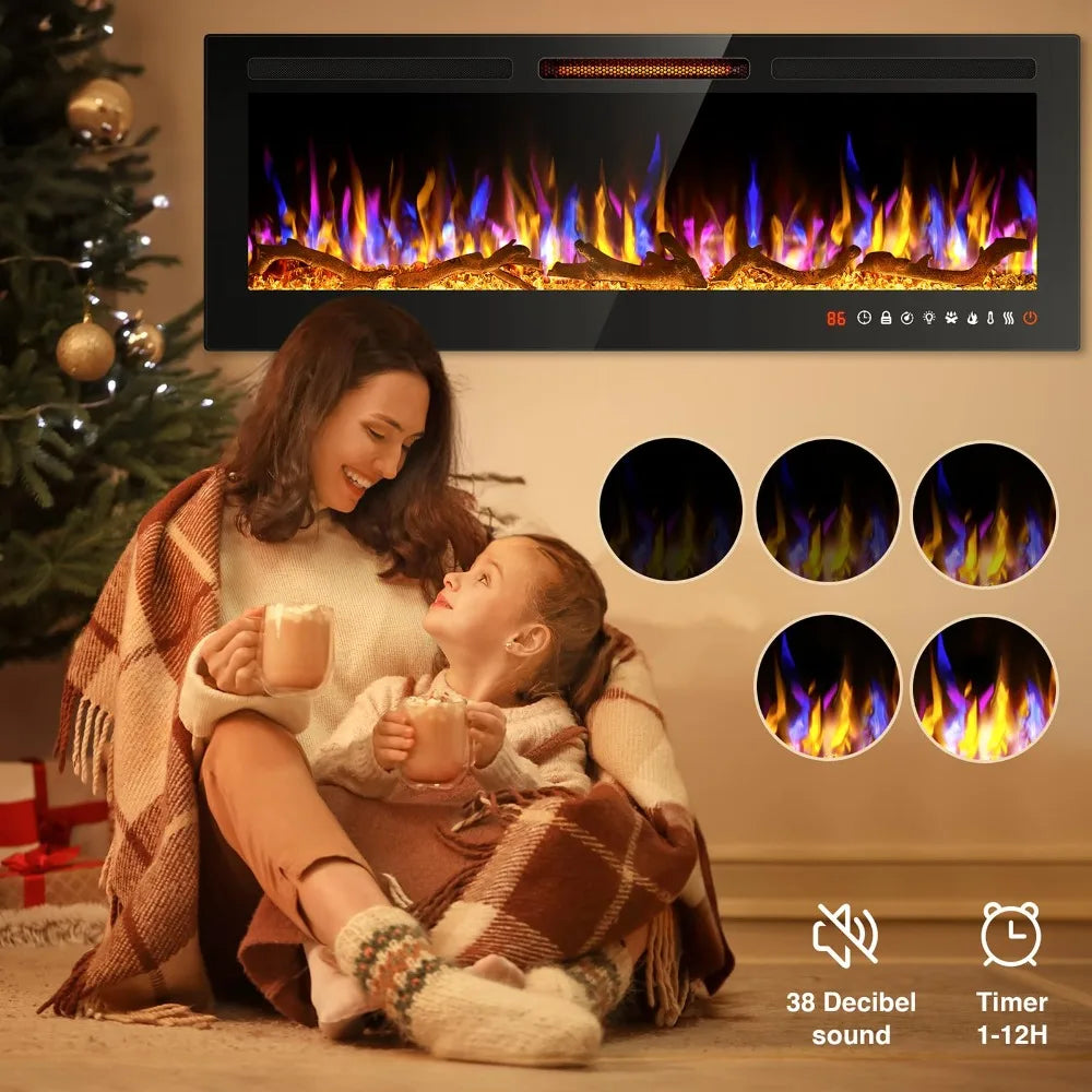 50" Slim Electric Fireplace Recessed and Wall Mounted,Wall Fireplace and Freestanding Linear Fireplace, with Remote Control