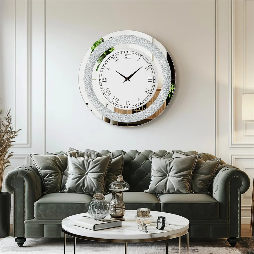 LUVODI 32inch Modern 3D Wall Clock Large Diamond Crystal Living Room Kitchen Bedroom Hall Clock with Roman Numerals