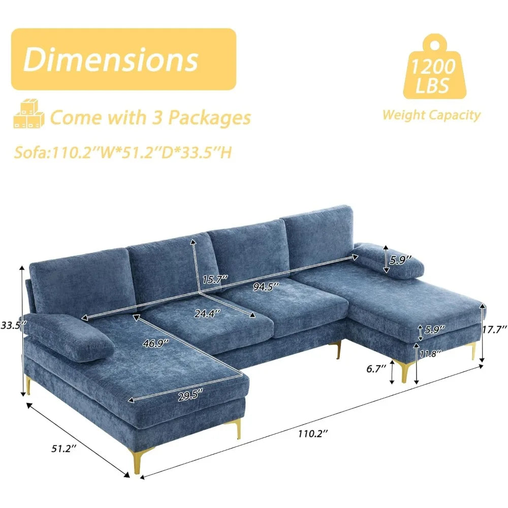 Convertible Sectional Sofa 110" U-Shape Sofa Couch 4-Seat Couch with Chaise ChenilleFabric Upholstered for Living Room