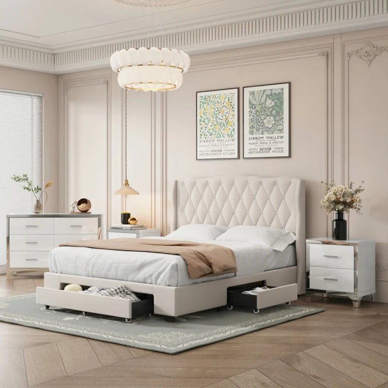 4-Pieces Bedroom Sets Queen Size Upholstered Bed with 3 Drawers,Mirrored Nightstands and Dresser with Metal handles and Legs.