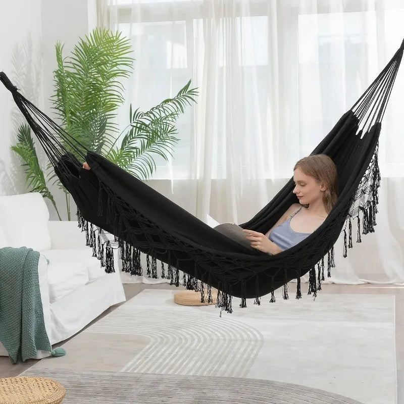 Double Boho Macrame Hammock with Elegant Tassels for Patio, Yard, Beach Wedding Decor, Outdoor and Indoor Up to 450lbs