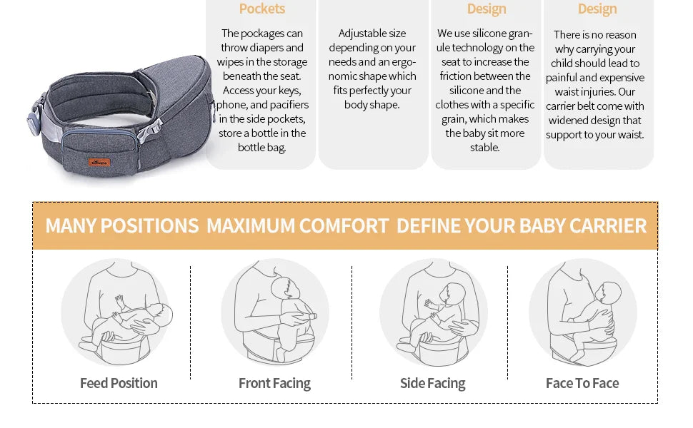 Sunveno Convinient Ergonomic Baby Carrier Infant Hip Seat Toddler Waist Seat Stool Carrier Baby Carrier Adjustable Comfortable