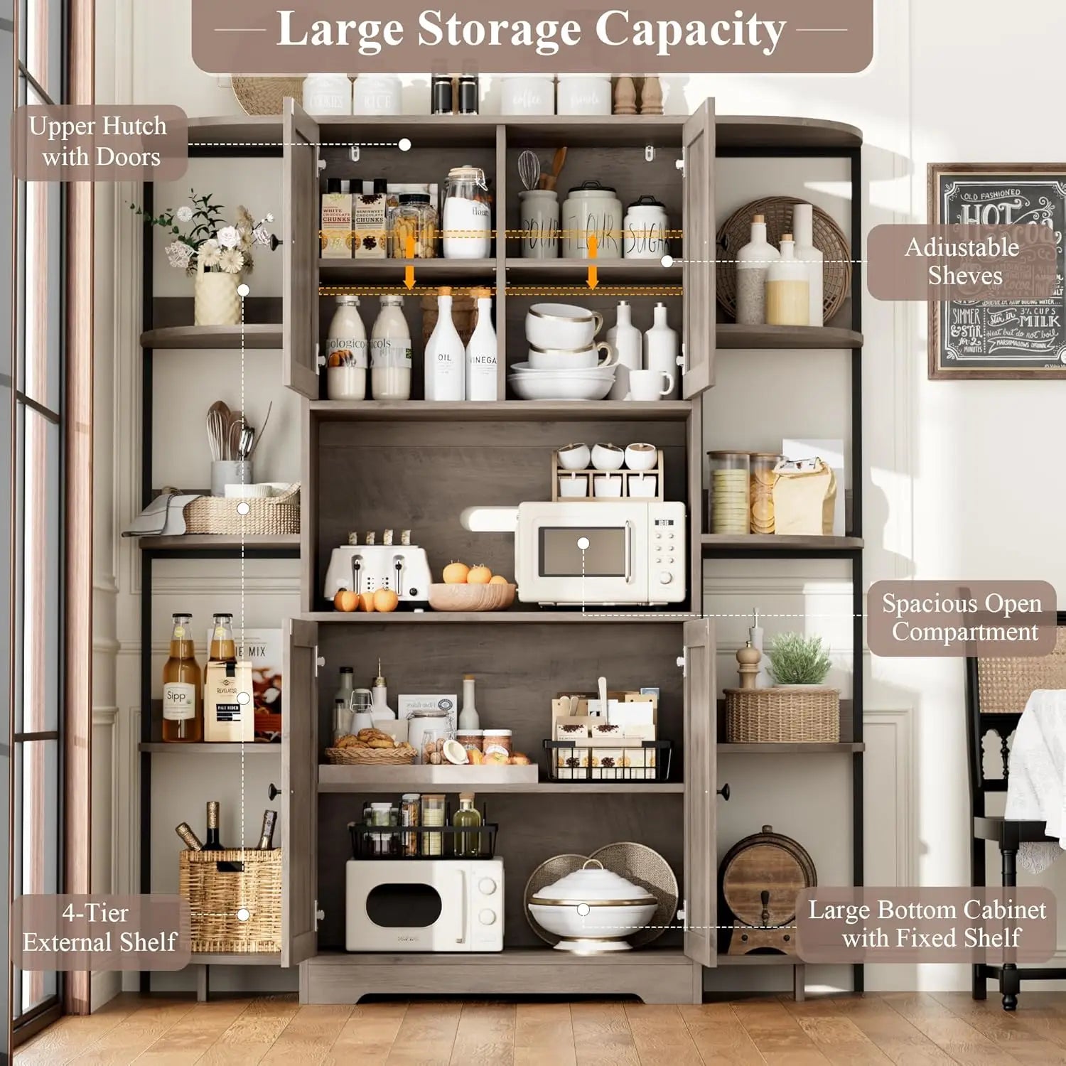 70" Kitchen Pantry Storage Cabinet, Tall Kitchen Hutch Cabinet with Microwave Stand, Industrial Pantry Cabinet with 8 Open