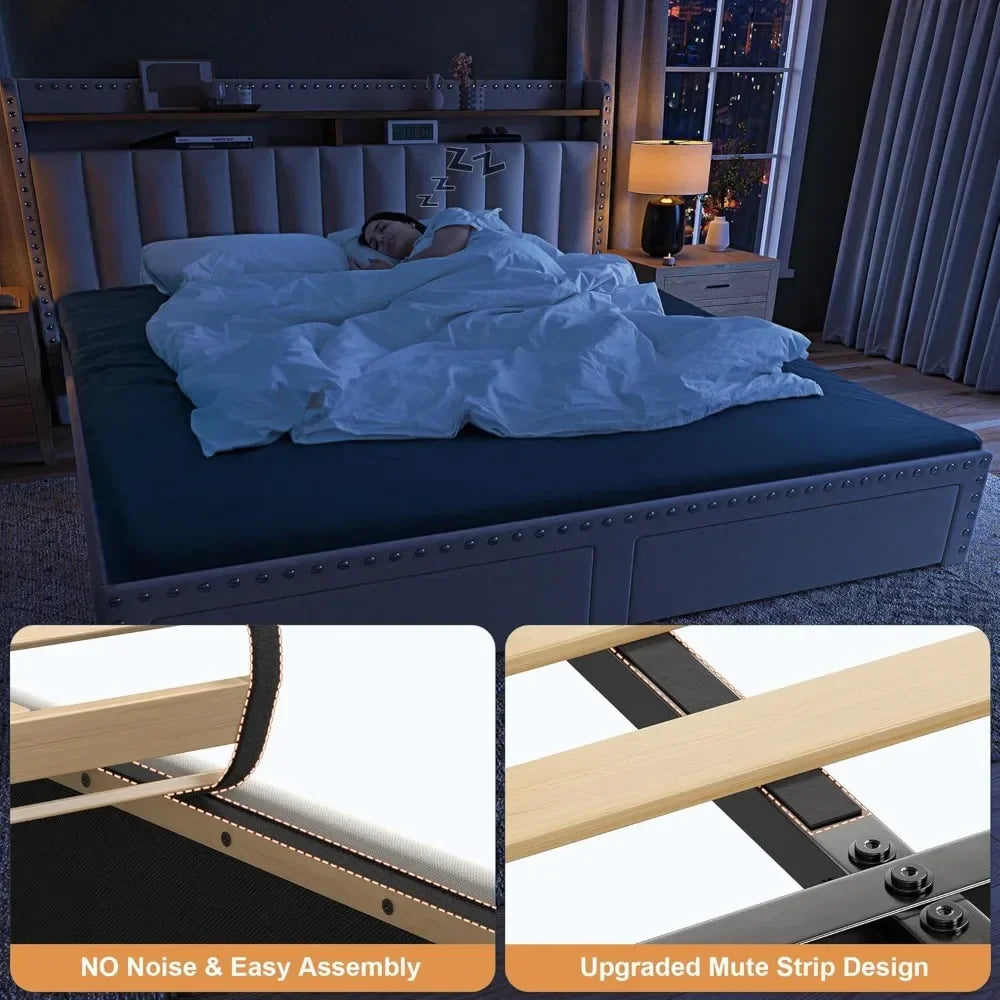 King Size Bed Frame with Storage and Headboard,Upholstered King Bed Frame with Storage & 2 Drawers,NO Noise,No Box Spring Needed