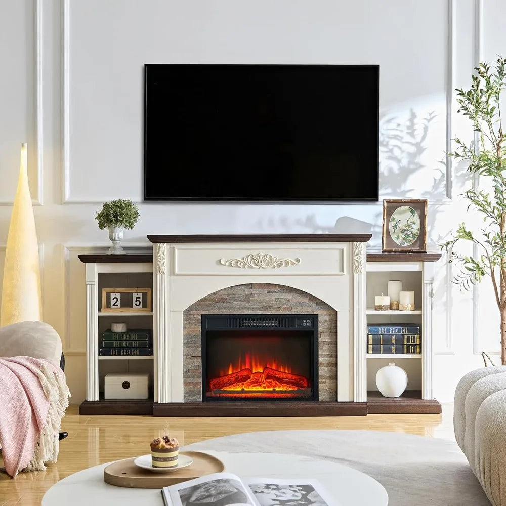 72" Electric Fireplace with Mantel, White TV Stand for TVs Up to 80 Inch，Farmhouse Entertainment Center with Storage for Bedroom