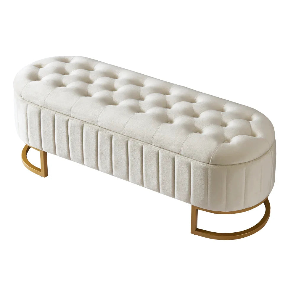 Upholstered Velvet Storage Ottoman,Storage Bench with Metal Legs and Button-Tufted for Bedroom,Living Room