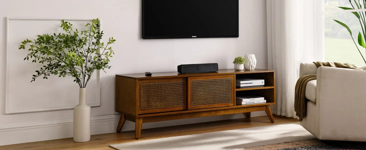 59 Inch Mid Century Modern TV Stand with Rattan Cabinet Doors