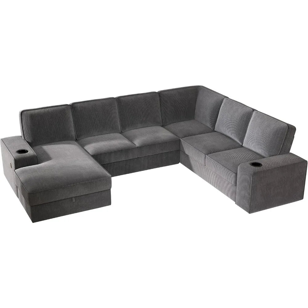 Oversized Sofa, 112 inch U Shaped Sofa with USB ports, Sectional Sofa Couch with Storage Chaise, Corduroy Grey