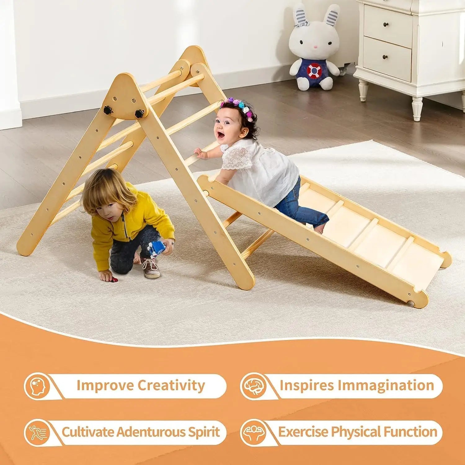 5 in 1 Pikler Triangle Set Wooden Montessori Climbing Set Inside Foldable with Ladder Ramp Arch Rocker and Slide Climbing Toys