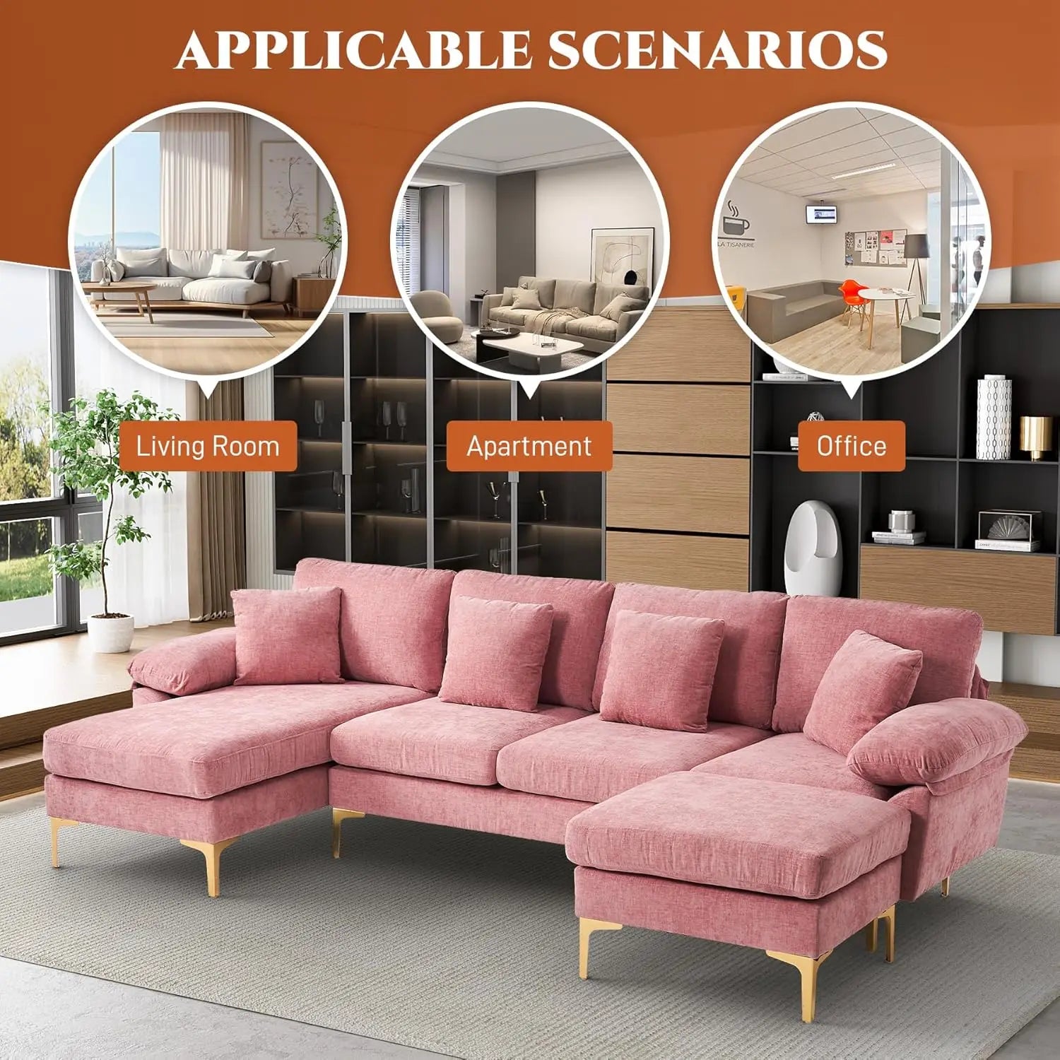 U-Shaped Sectional Sofa Couch, 4 Seat Sofa Set for Living Room, Convertible L-Shaped Velvet Couch Set with Chaise Lounge