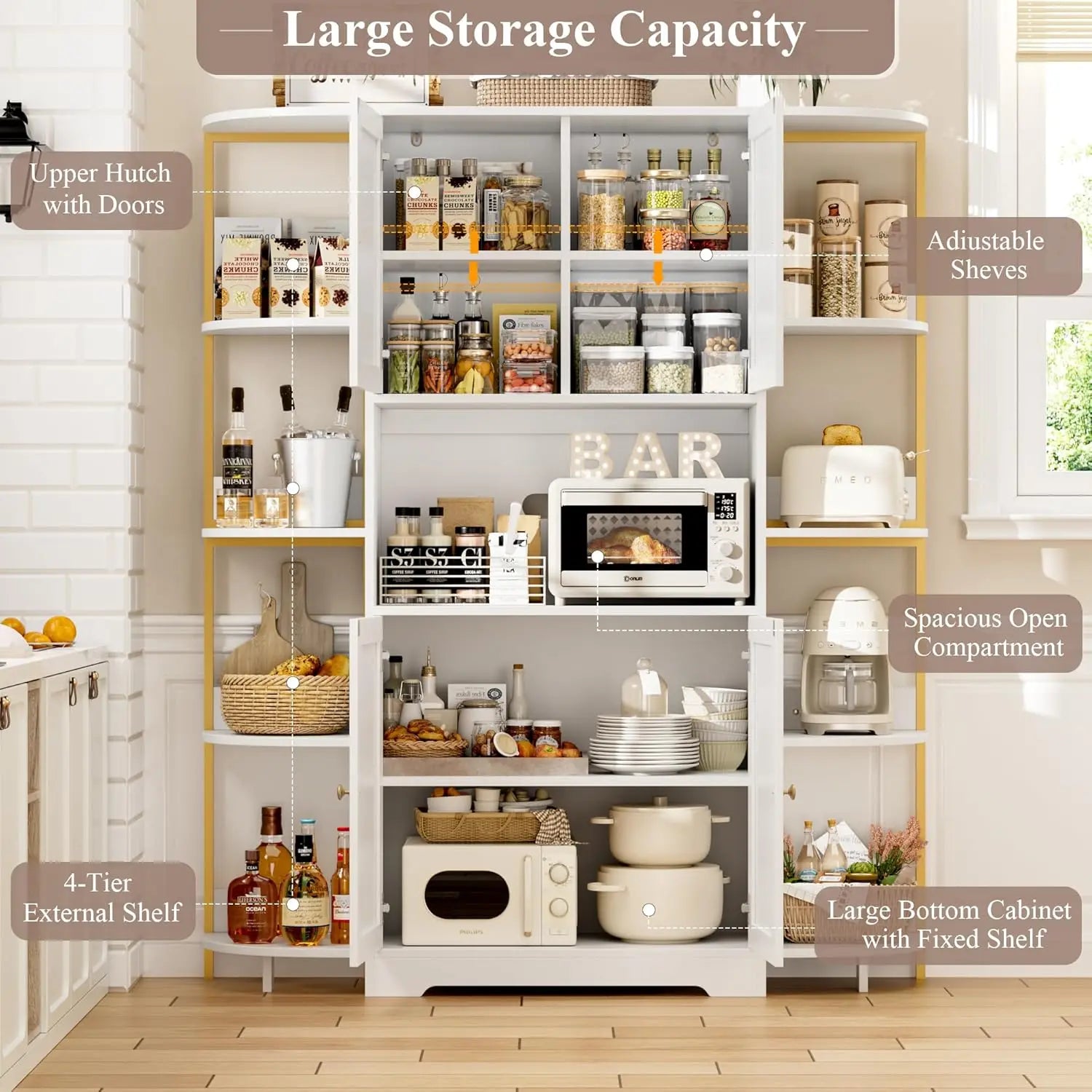 70" Kitchen Pantry Storage Cabinet, Tall Kitchen Hutch Cabinet with Microwave Stand, Industrial Pantry Cabinet with 8 Open