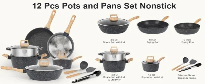 SODAY 12pcs Pots and Pans Set Non Stick Kitchen Cookware Sets Induction Cookware Nonstick Granite Cooking Set