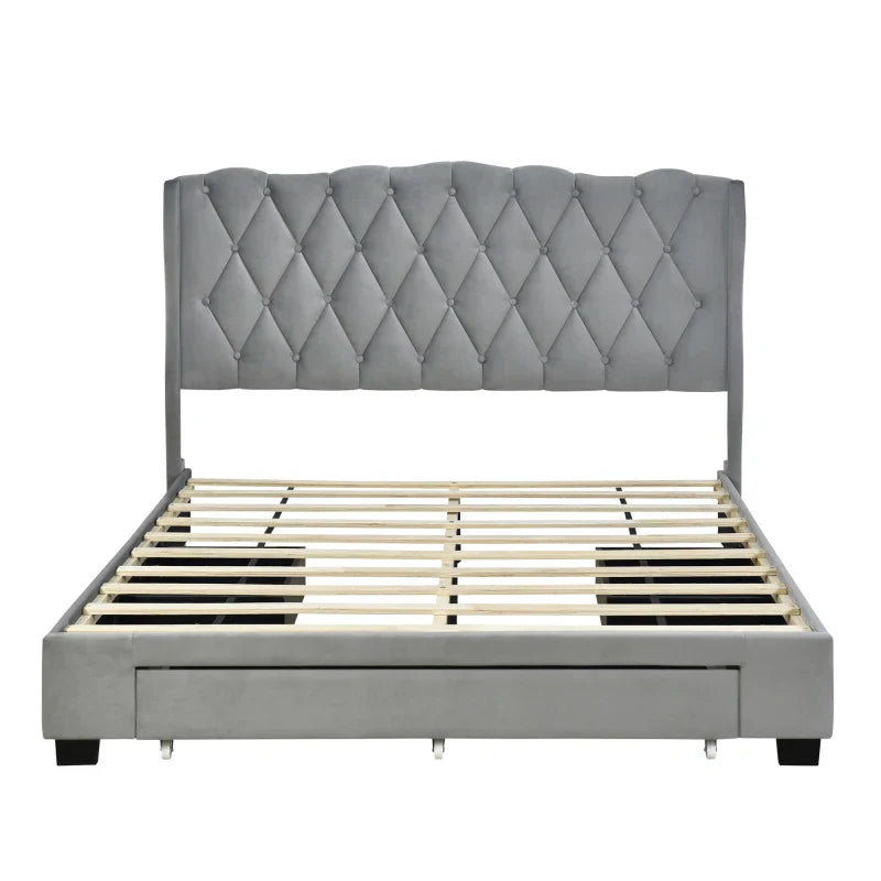 4-Pieces Bedroom Sets Queen Size Upholstered Bed with Three Drawers,Mirrored Nightstands and Dresser with handles and Legs